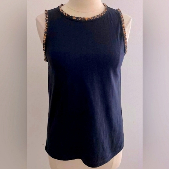 J. Crew Animal Print Ruffle Trim Black Tank Top Size Large - Picture 1 of 7